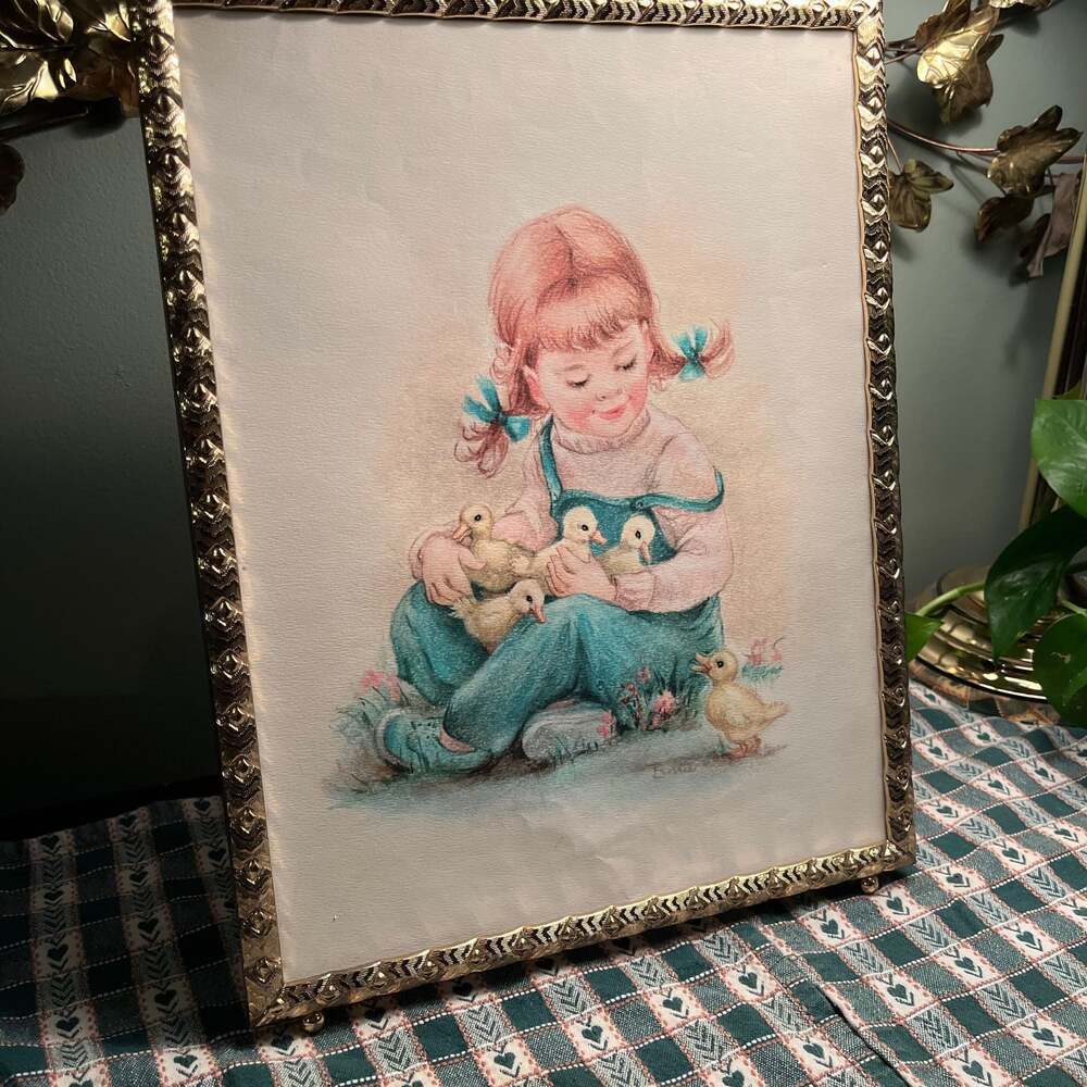 Vintage Framed Borie Art Print - Young Girl with Ducklings Decor